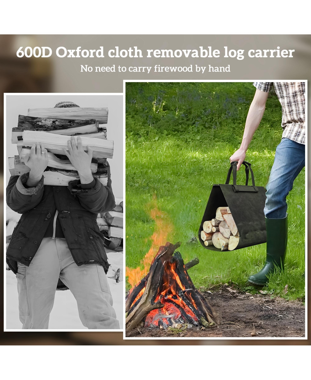 Firewood Rack with Log Carrier, Indoor Outdoor Wood Storage Holder - Black