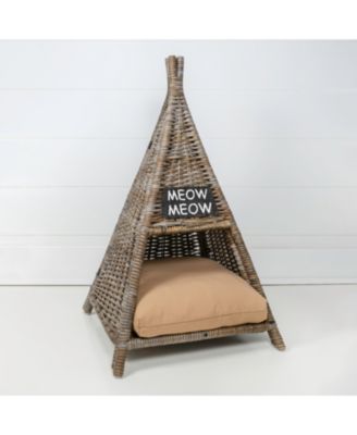 Tiki Tent 20" x 20" Coastal Handwoven Rattan Pet Bed with Machine-Washable Cushion, Kubu Gray