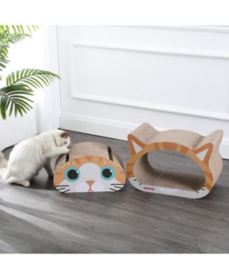 Opal 19" Modern Cardboard Happy Cat Head 2-in-1 Cat Cave Scratcher with Built-In Bell Toys and Catnip