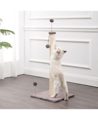 Rylie 38" Farmhouse Sisal Pillar Cat Scratching Post with Fuzzy Toys and Spring Balls, Gray/Cream