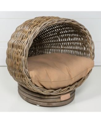 Socket Dome 19.5" x 17" Bohemian Handwoven Rattan Pet Bed with Machine-Washable Cushion, Kubu Gray