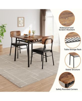 3-Piece Dining Table Set, Modern Kitchen Table Set for 2, Dining Table and Chairs for 2 with Metal Frame, Storage Rack, Square Table and 2 Padded Chairs for Small Space, Apartment, Brown