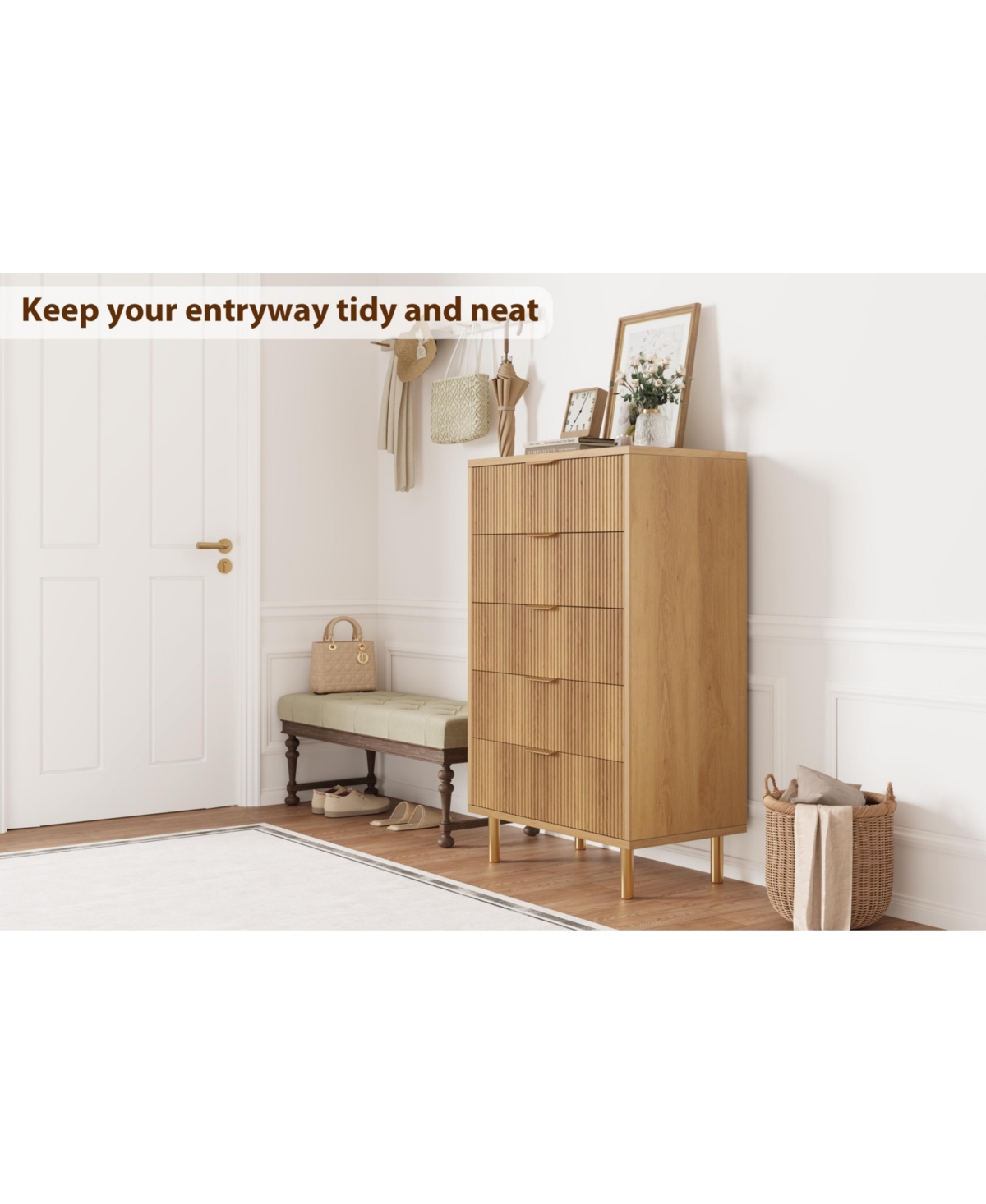 gaomonDresser, Modern 5 Drawer Dresser for Bedroom with Gold Handle and Large Drawer - Brown
