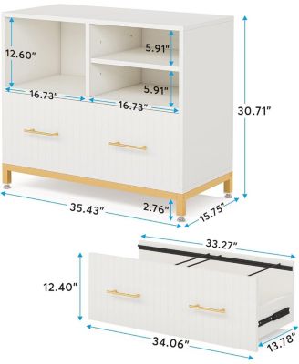 Lateral File Cabinet with Drawer Adjustable Hanging Rod for Letter A4 Files 35.4-Inch Wood Modern Printer Stand with Open Storage