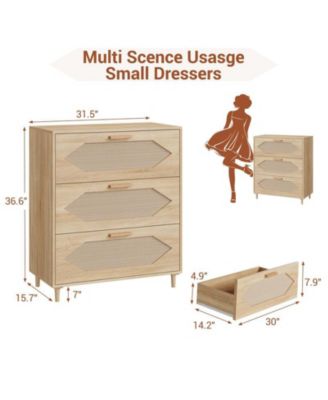 Dresser for Bedroom with 3 Drawers, Rattan Dresser with Spacious Storage, Modern Wooden Closet Dressers Chest of Drawers, Wood Nightstand for Bedroom, Hallway, Living Room, Rustic Oak