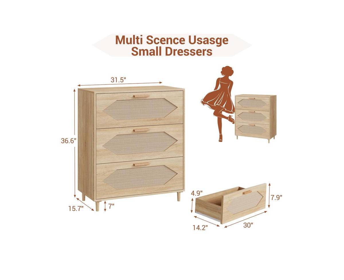 gaomon Dresser for Bedroom with 3 Drawers, Rattan Dresser with Spacious Storage, Modern Wooden Closet Dressers Chest of Drawers, Wood Nightstand for B