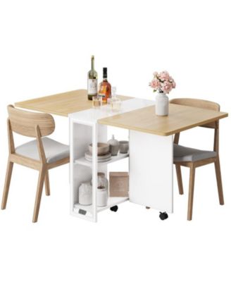 Folding Dining Table, Drop Leaf Dining Table with 6 Wheels and 2-Layer Storage Shelf, Space Saving Dining Table for Small Spaces Collapsible Expandable Rectangle for Dining/Kitchen Room