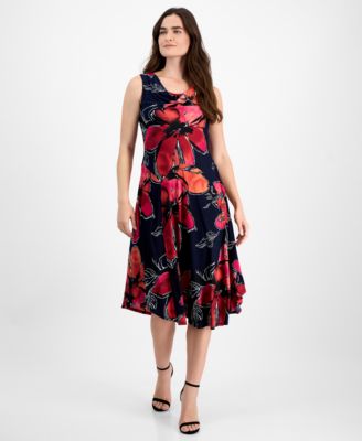 Robbie Bee - Petite Floral Cowlneck Asymmetric-Hem Midi Dress