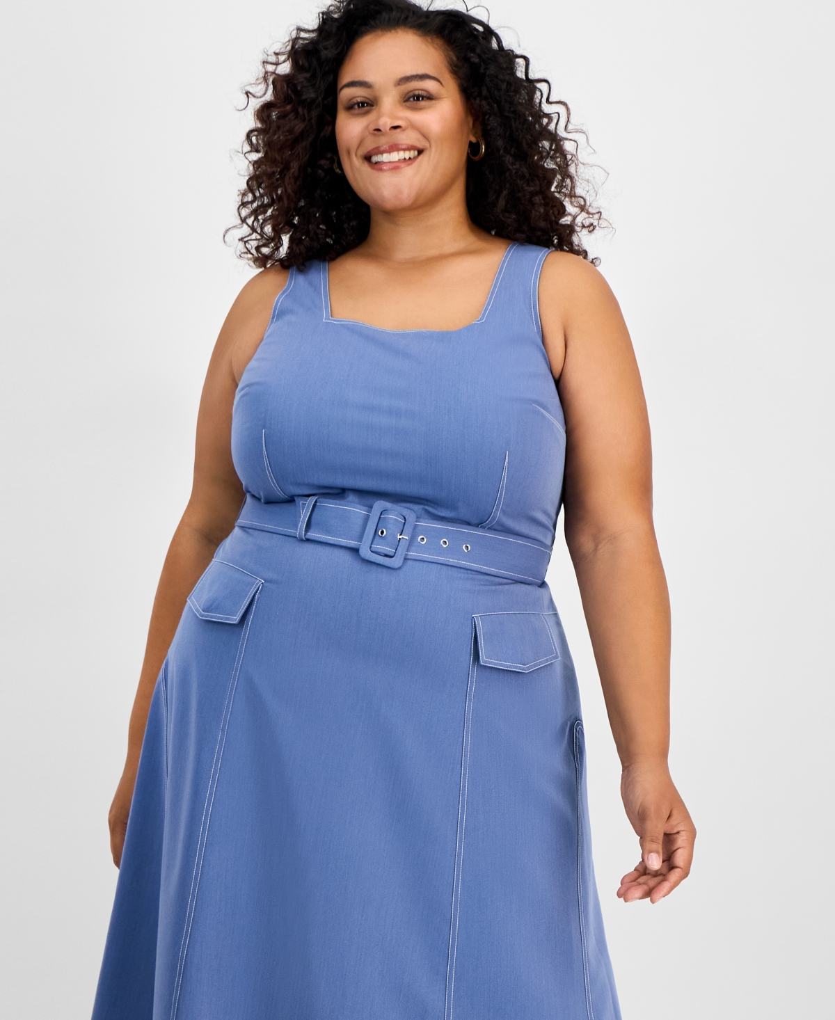 TAHARI TAHARI PLUS SIZE DENIM BELTED SQUARE-NECK MIDI DRESS 