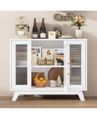 Buffet Storage Cabinet with Fluted Glass Door, 36" Modern Sideboard Cabinet with 2-Tier Storage, White Accent Cabinet for Kitchen Dining Living Room, White Top