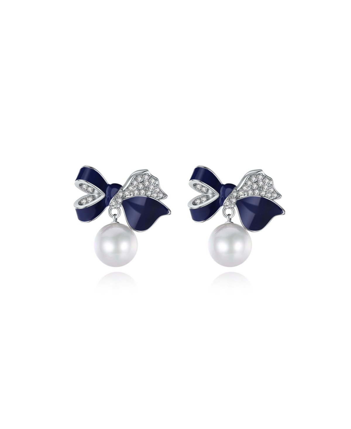 Blue Enamel Butterfly Imitation Pearl Dangle Earrings - Silver