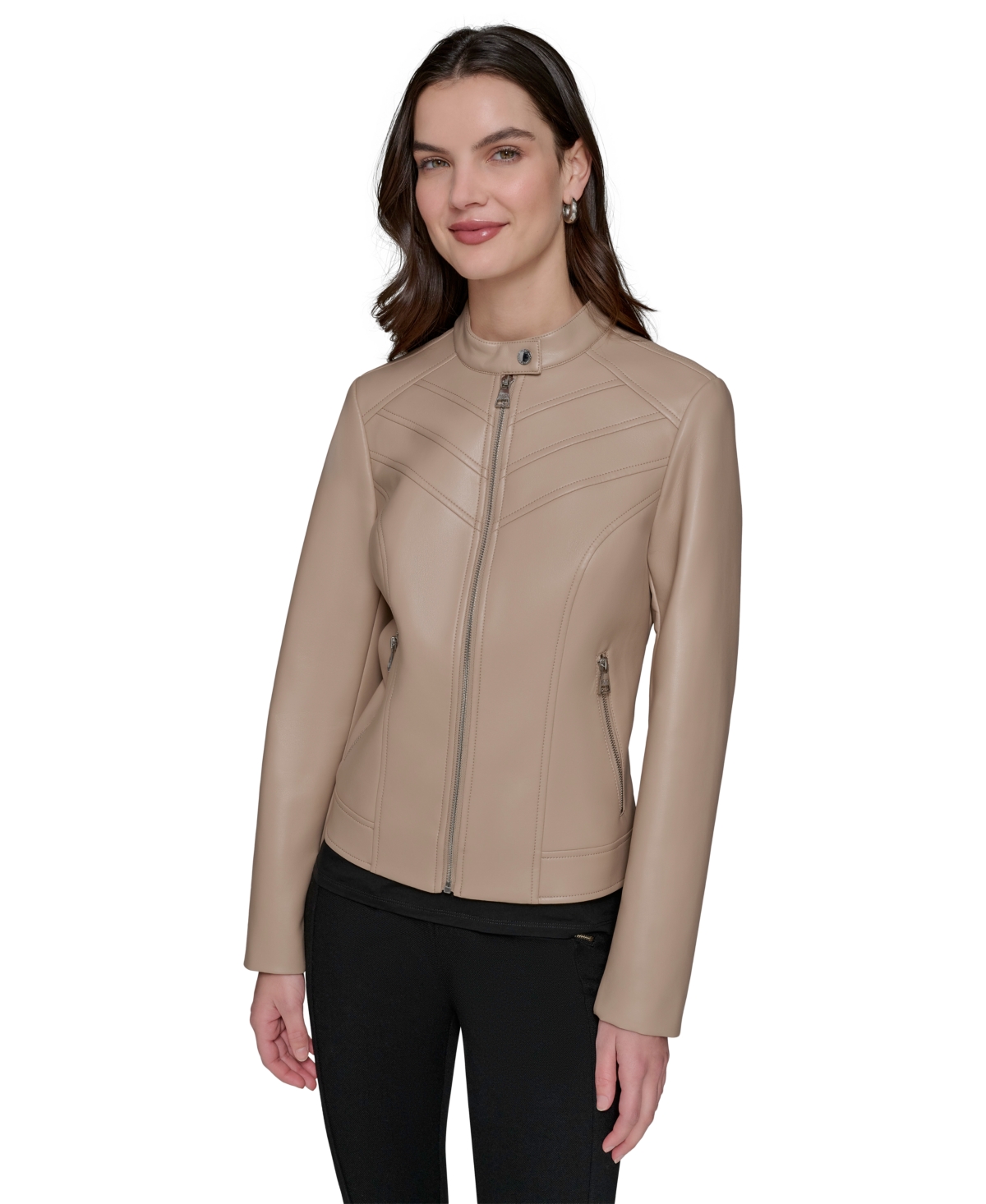 Karl Lagerfeld Women's Fitted Mock-neck Faux-leather Jacket In Latte