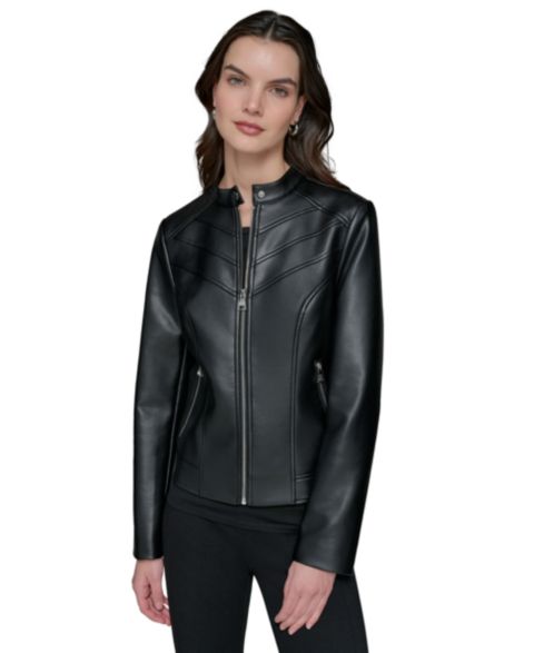 Женские куртки KARL LAGERFELD PARIS Fitted Mock-Neck Faux-Leather Jacket