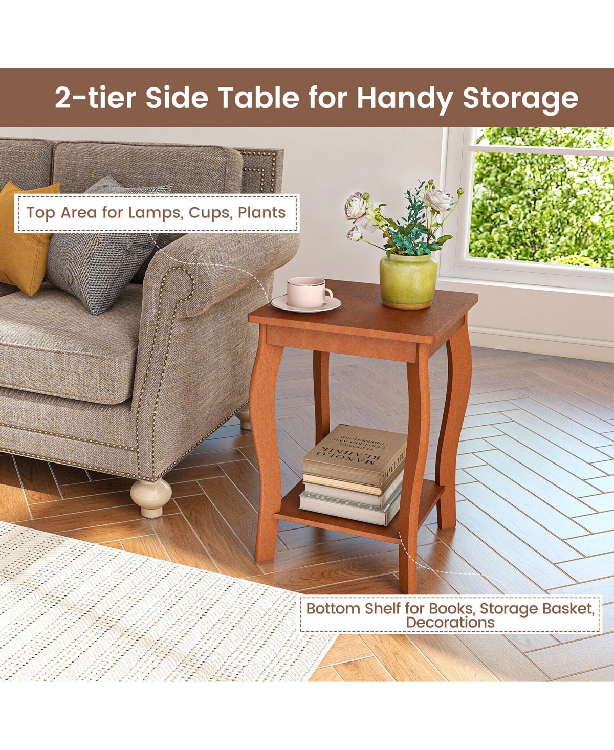 Gymax 2-Tier Square End Table Set of 2 Narrow Sofa Side Nightstand w/ Storage Shelf