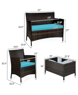 4 Pieces Patio Rattan Sofa Set with Chairs and Glass Coffee Table