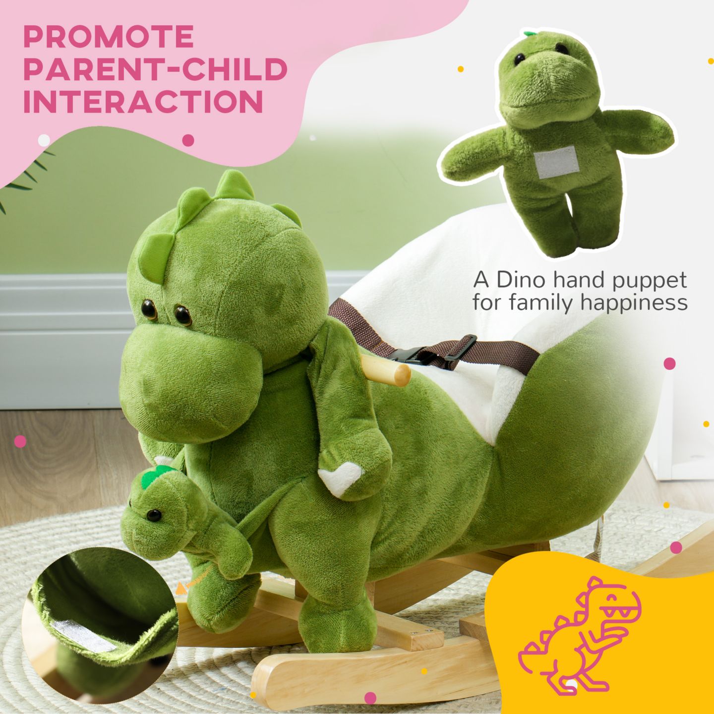 Детские игрушки Qaba Rocking Dinosaur, Wood Frame, with 32 Songs & Seat Belt, 55 lbs. Capacity, Ages 18-36 Months, цвет: Зелёный — фото 3