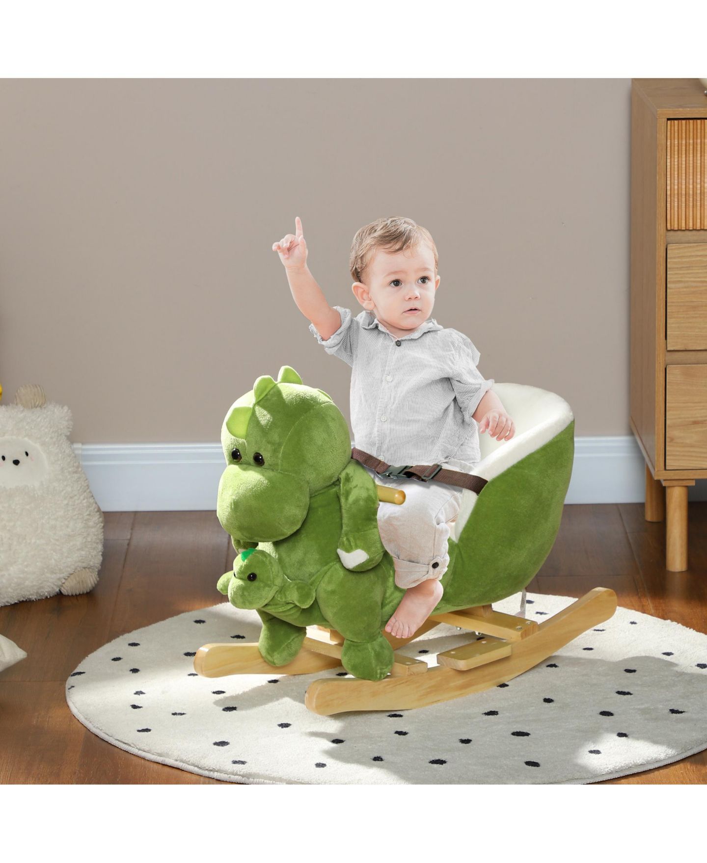 Детские игрушки Qaba Rocking Dinosaur, Wood Frame, with 32 Songs & Seat Belt, 55 lbs. Capacity, Ages 18-36 Months, цвет: Зелёный — фото 5
