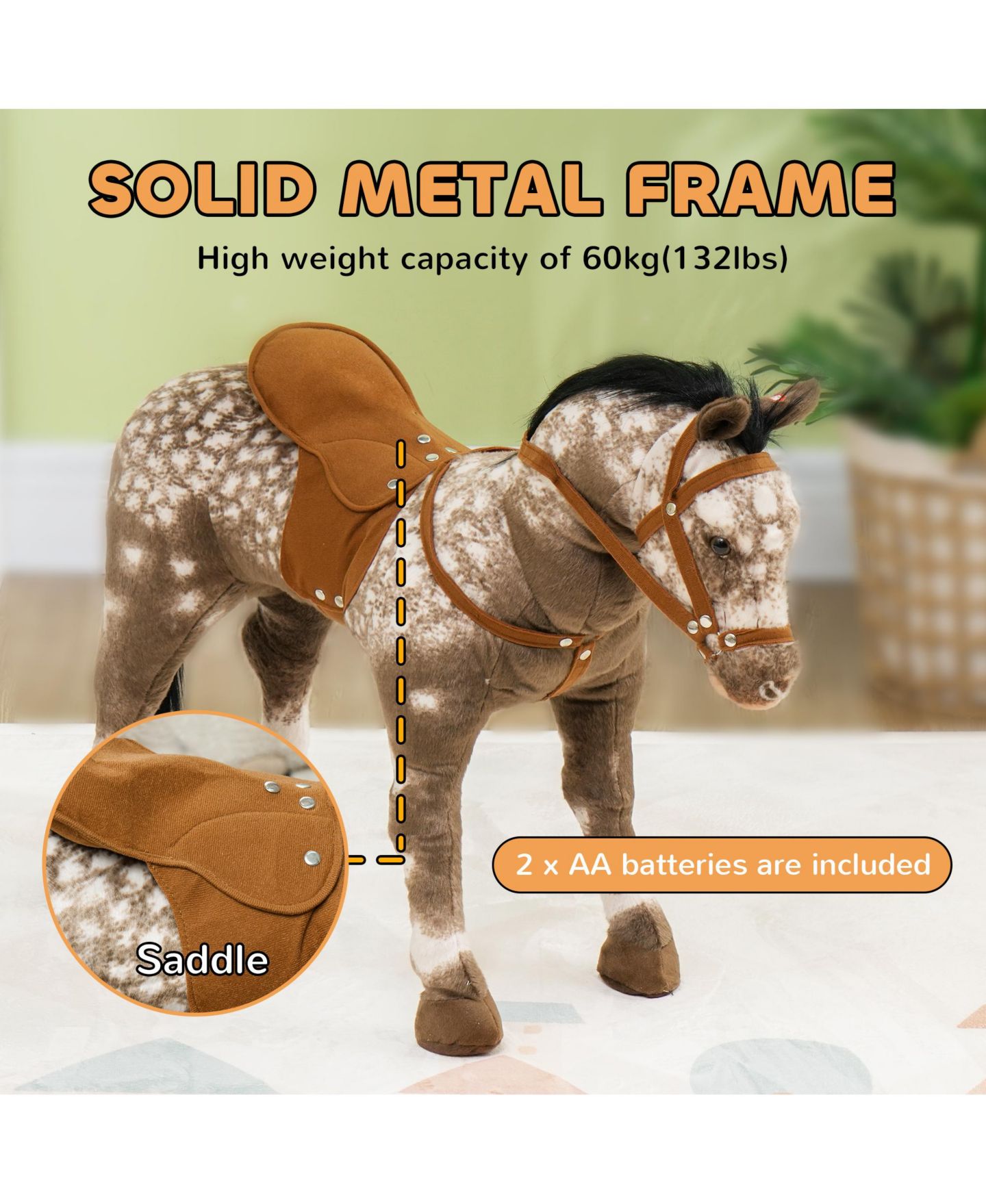 Детская игрушка Qaba Ride on Horse with Neighing Sound, Saddle and Stirrups, Ages 3-8, цвет: Коричневый — фото 7