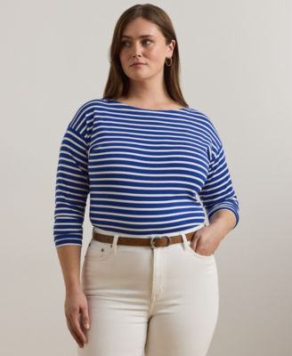 Lauren Ralph Lauren - Plus Size Striped Cotton Jersey Boatneck Top