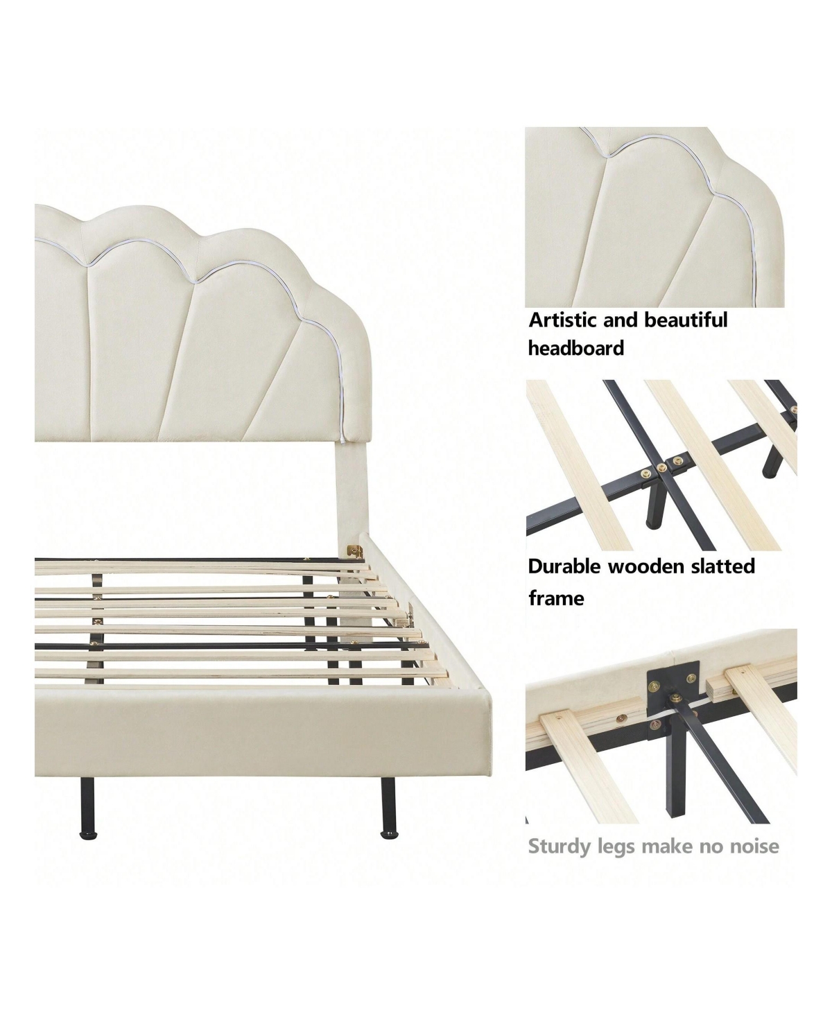 gaomon Queen Upholstered Bed Frame, Queen Platform Bed With Led Lights, Metal Legs, Flowers Headboard, Remote Control