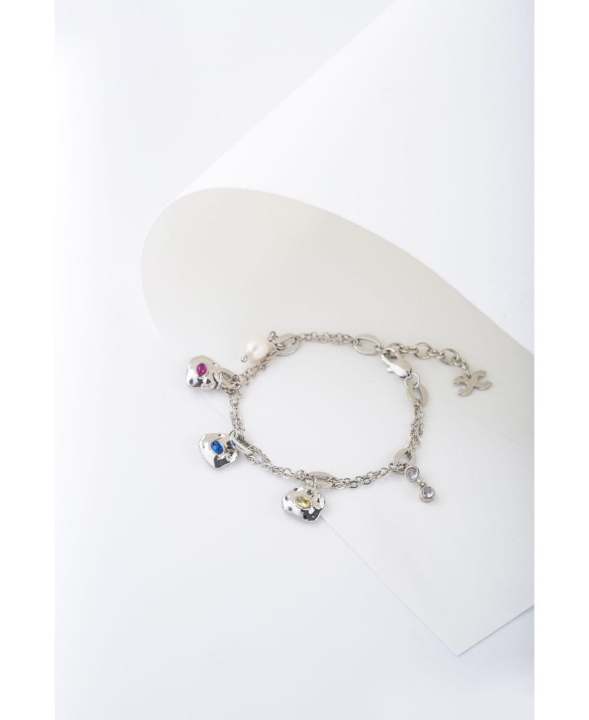 Iris Colored Cubic Zirconia and Freshwater Pearl Charms Bracelet - Silver
