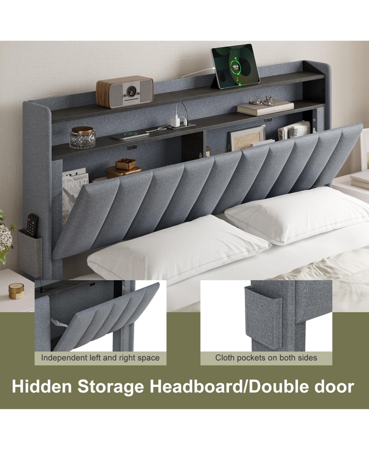 Hausource Queen/Full Size Bed Frame w/Storage Headboard & Charging Station & Led Light No Box Spring Needed,