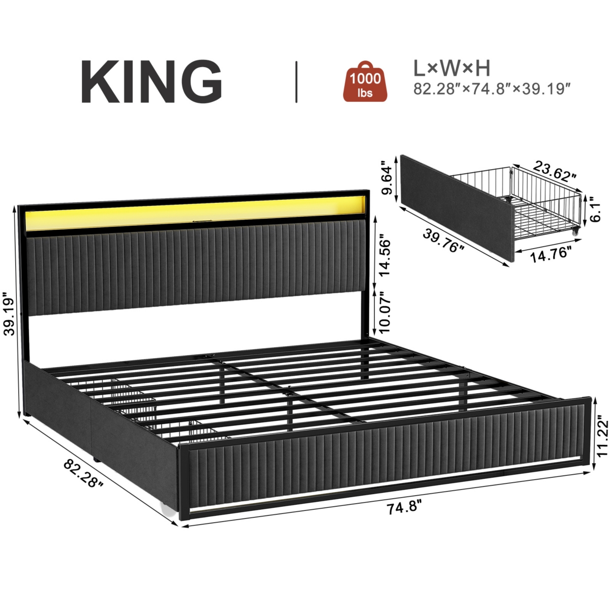 Hausource Full Bed Frame with Bookcase Storage Headboard and 2 Drawers Platform Bed No Box Spring Needed - Gray