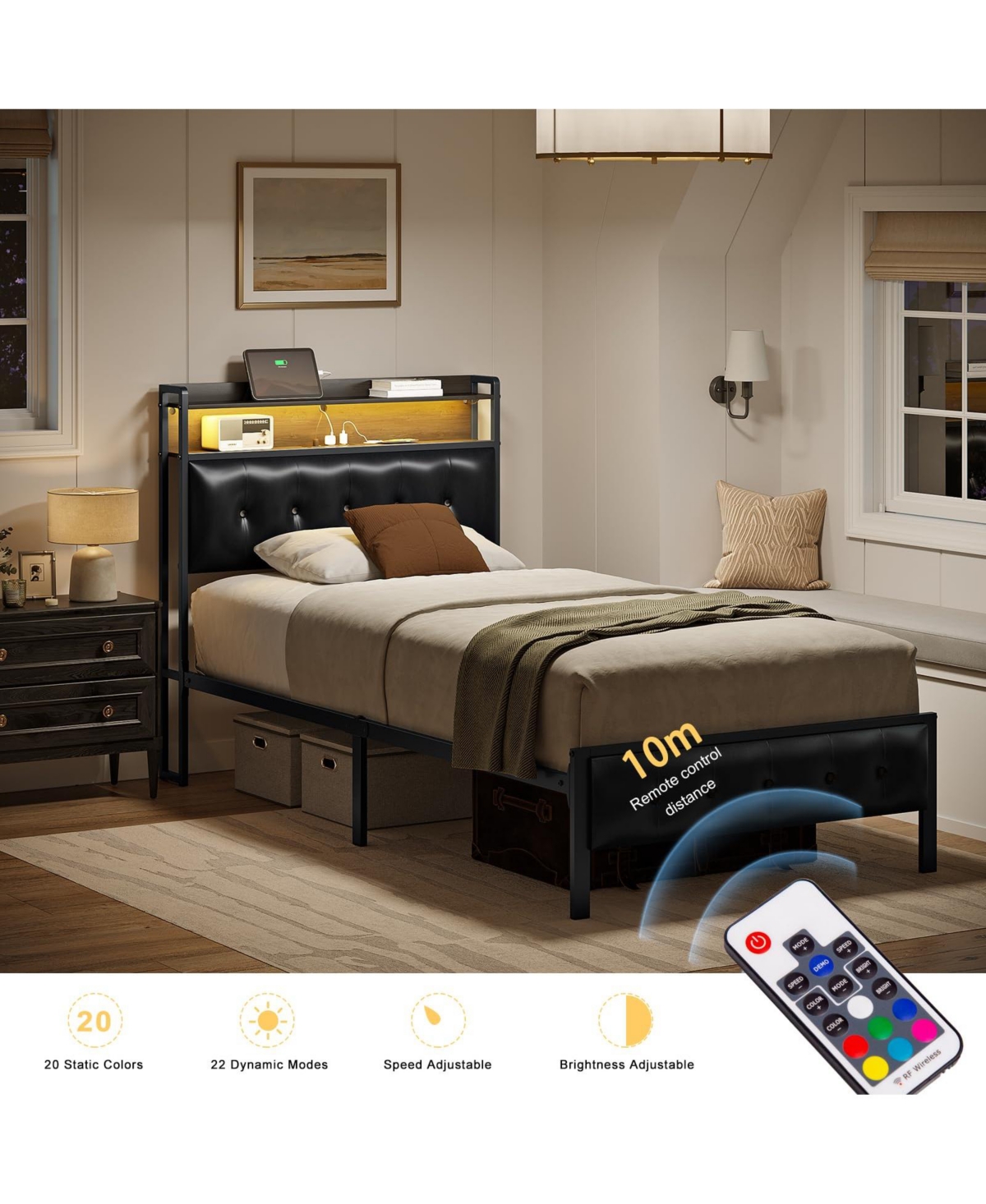 Hausource King/Twin Size Bed Frame with Storage Headboard & Charging Station Upholstered Platform Bed