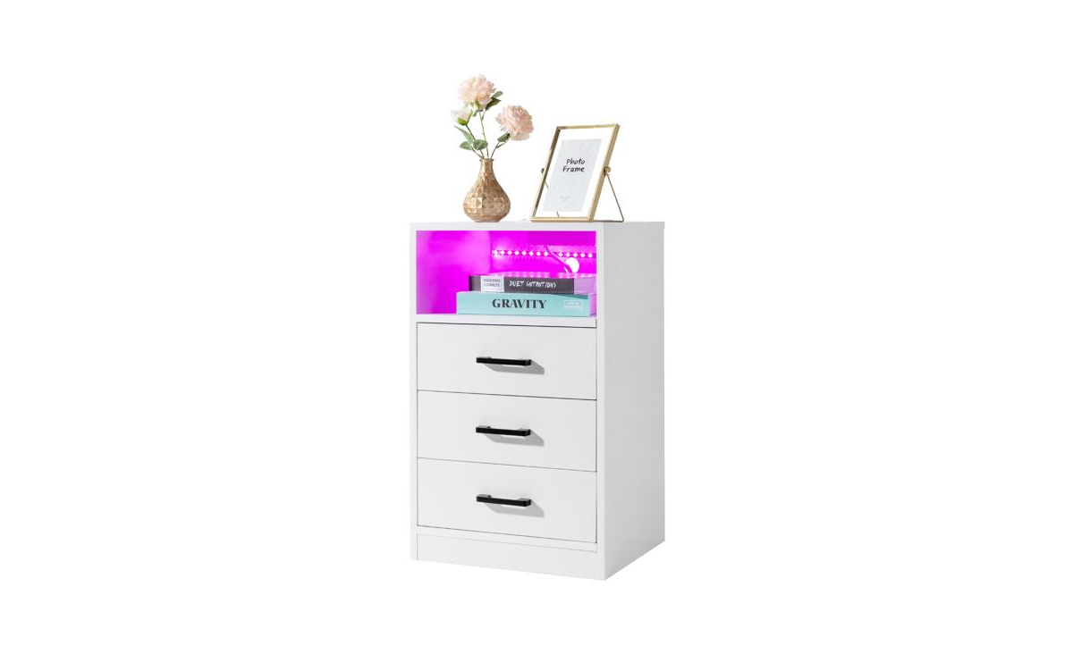 Slickblue Triamine Bedside Table with 3 Drawers, Socket, and Led Light Stylish and Functional Nightstand for Bedrooms