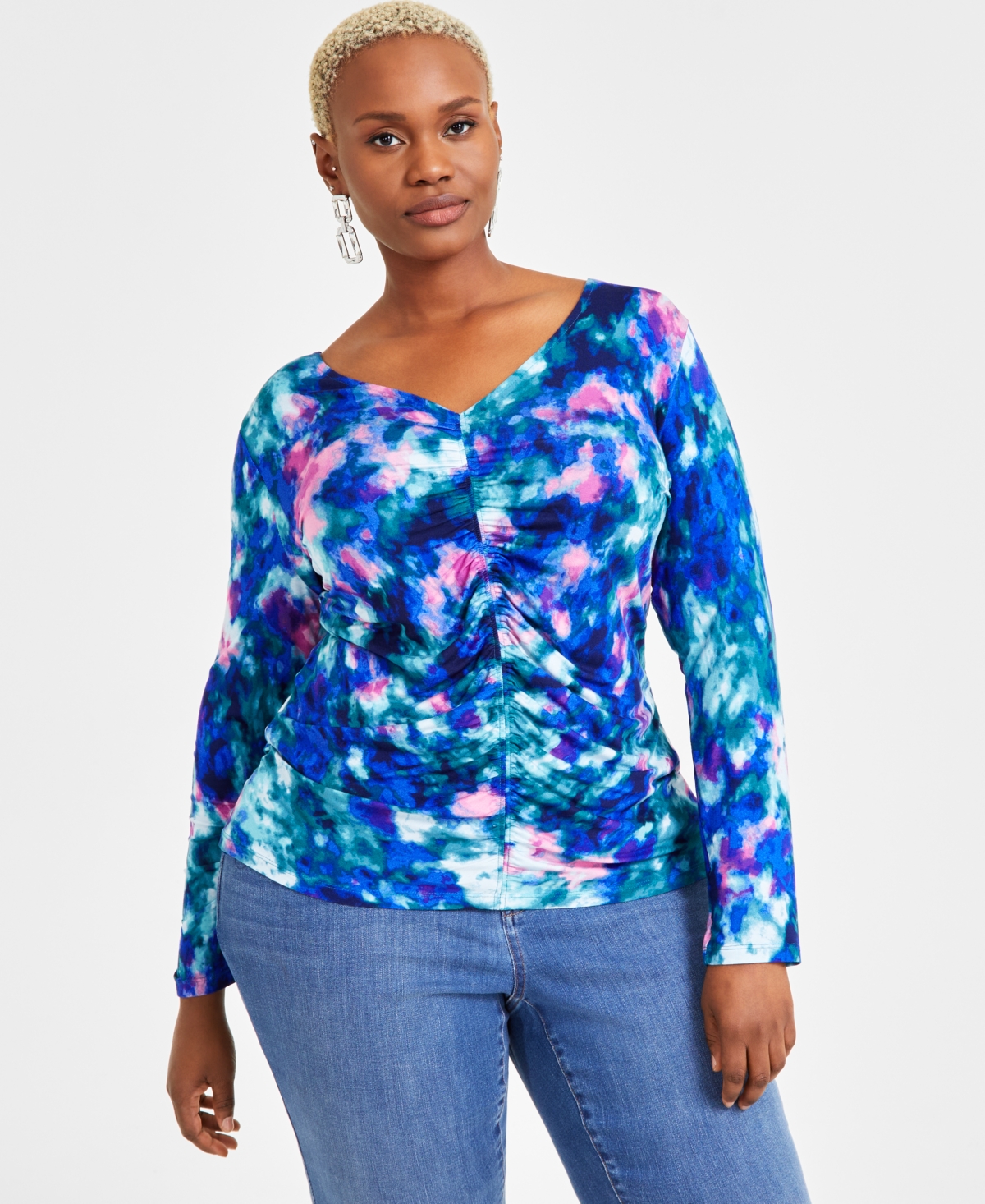 Plus Size Ruched Tie-Dyed Top, Exclusively at Macy's - Delia Dye