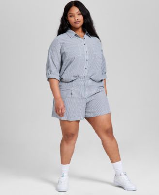 And Now This - Trendy Plus Size Striped Front-Pleat Shorts