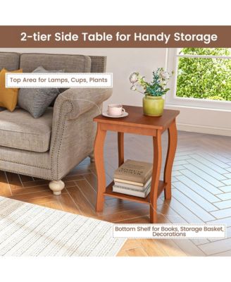 2-Tier Square End Table Narrow Sofa Side Nightstand w/ Storage Shelf & Wood Legs