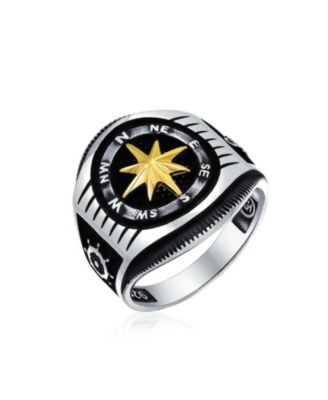 Large Boat Wheel Compass Signet Ring Black Gold-Tone .925 Silver