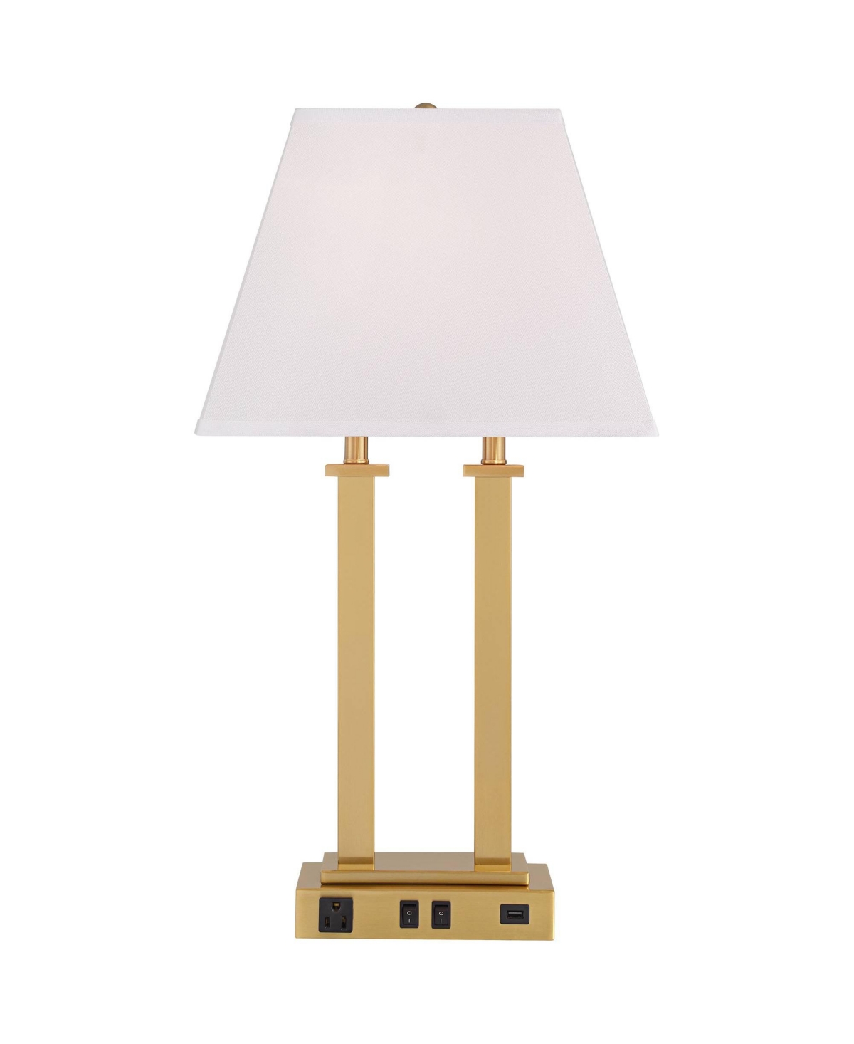 Amity 26" High Modern Desk Lamp Usb Port Ac Power Outlet Gold Warm Brass Finish Metal Single White Shade Home Office Living Room Charging Bedroom Beds