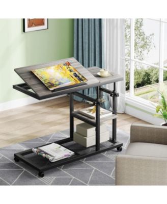 34.5 inch Wood  Height Adjustable C Table with Wheels and Tiltable Drawing Board desk