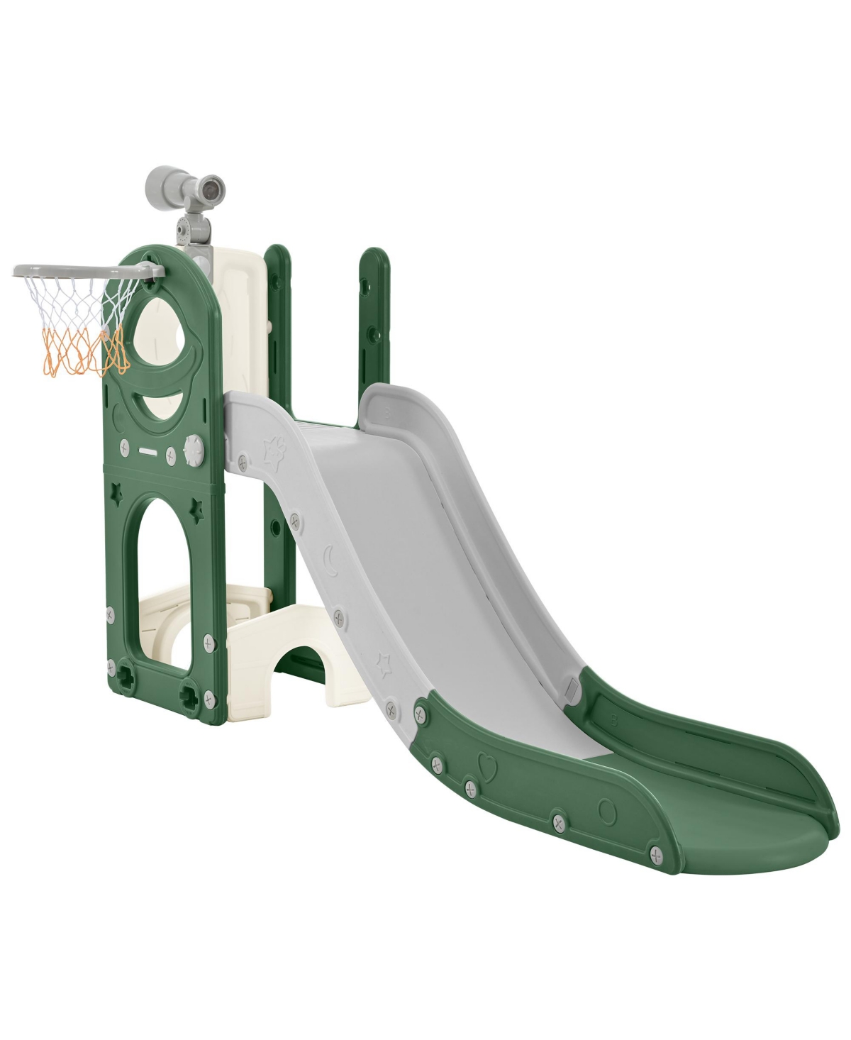 Slickblue 5-in-1 Kids Slide Playset Spaceship Structure with Slide, Telescope, Basketball Hoop, and Golf Holes - Perfect for Toddlers and Kids