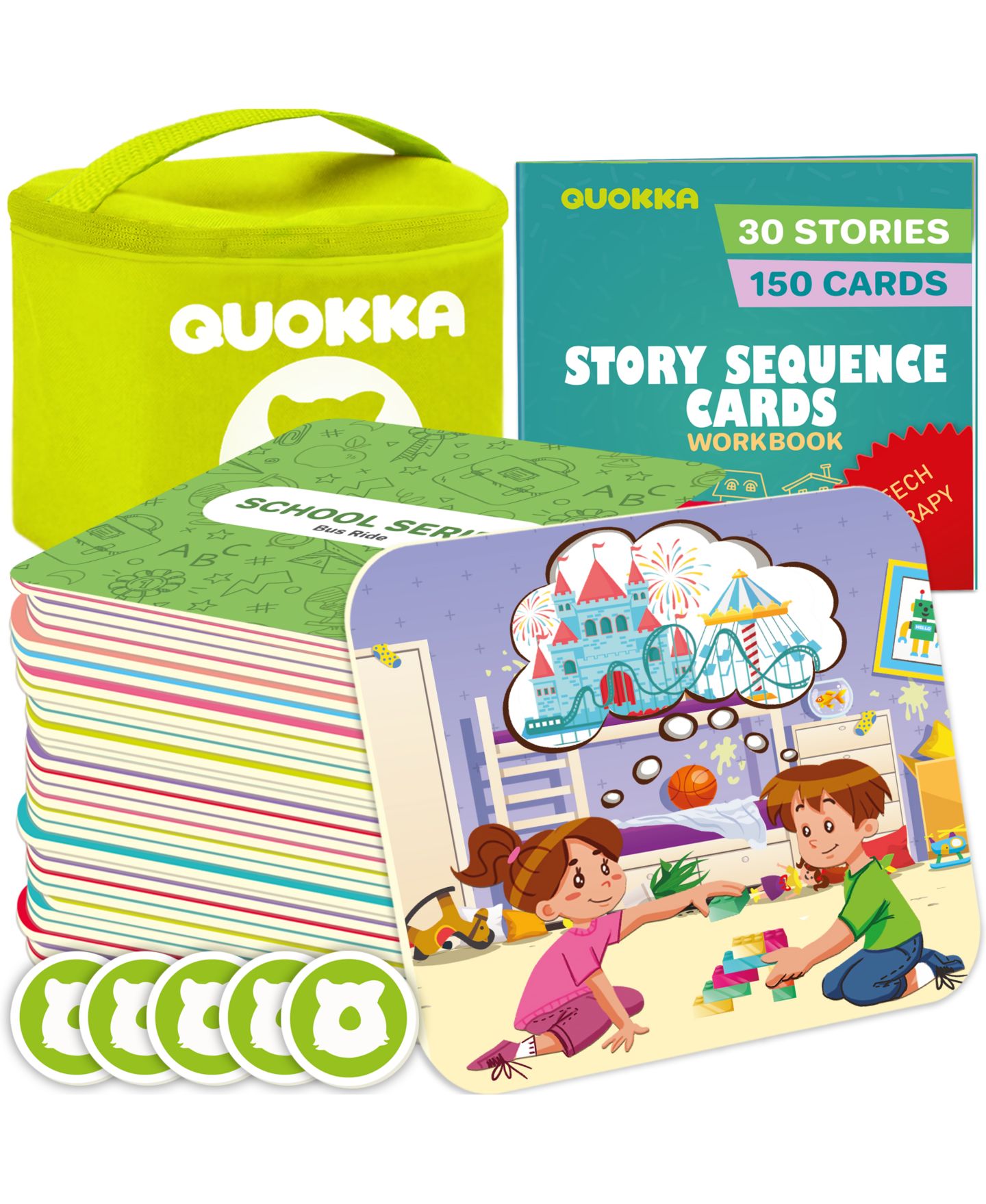 Детские карточные игры Quokka Think. Feel. Tell. Speech Therapy Story Sequencing Card Game, 150-Piece, Ages 3-4 — фото 1