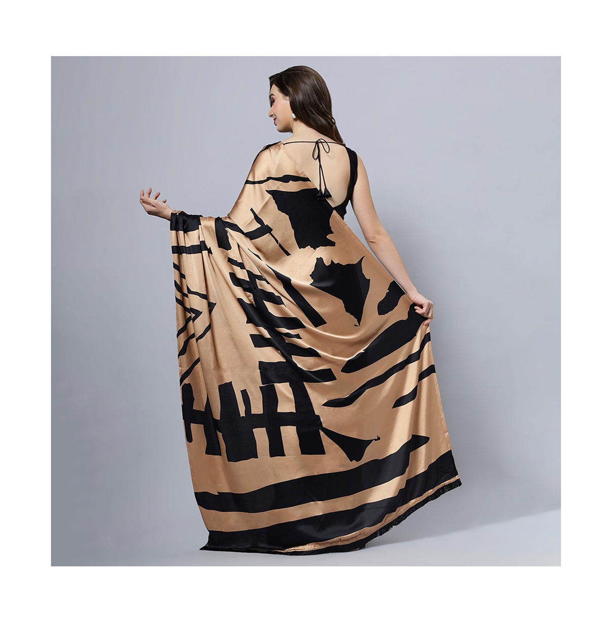 One Minute Saree Petite CandiceSatin Printed Ready to Wear Sari - Brown