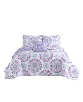 Vivian Purple 4-Piece All-Season Reversible Cotton Quilt Set - Full/Queen