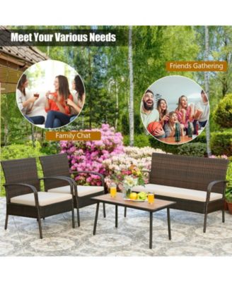 4 Pieces Patio Cushioned Wicker Conversation Set with Acacia Wood Tabletop