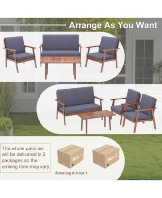 4 Piece Outdoor Acacia Wood Conversation Set with Soft Seat and Back Cushions-Gray