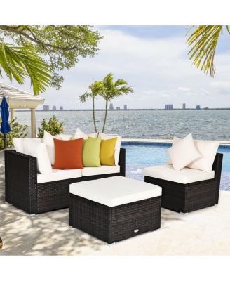 4 Pcs Ottoman Garden Deck Patio Rattan Wicker Furniture Set Cushioned Sofa-White