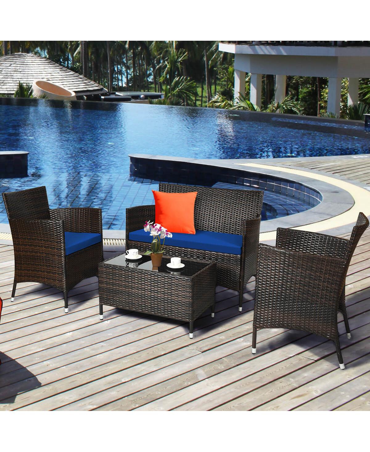 Sugift 4 Pieces Rattan Sofa Set with Glass Table and Comfortable Wicker for Outdoor Patio-Navy