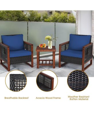3 Pieces Patio Wicker Furniture Set with Acacia Wood Coffee Table and Washable Cushion-Navy
