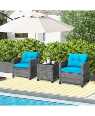 3 Pieces Outdoor Wicker Conversation Set with Tempered Glass Tabletop-Turquoise