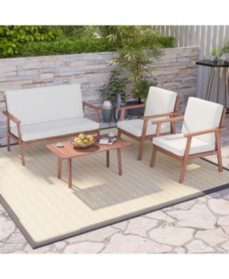 4 Piece Outdoor Acacia Wood Conversation Set with Soft Seat and Back Cushions-White