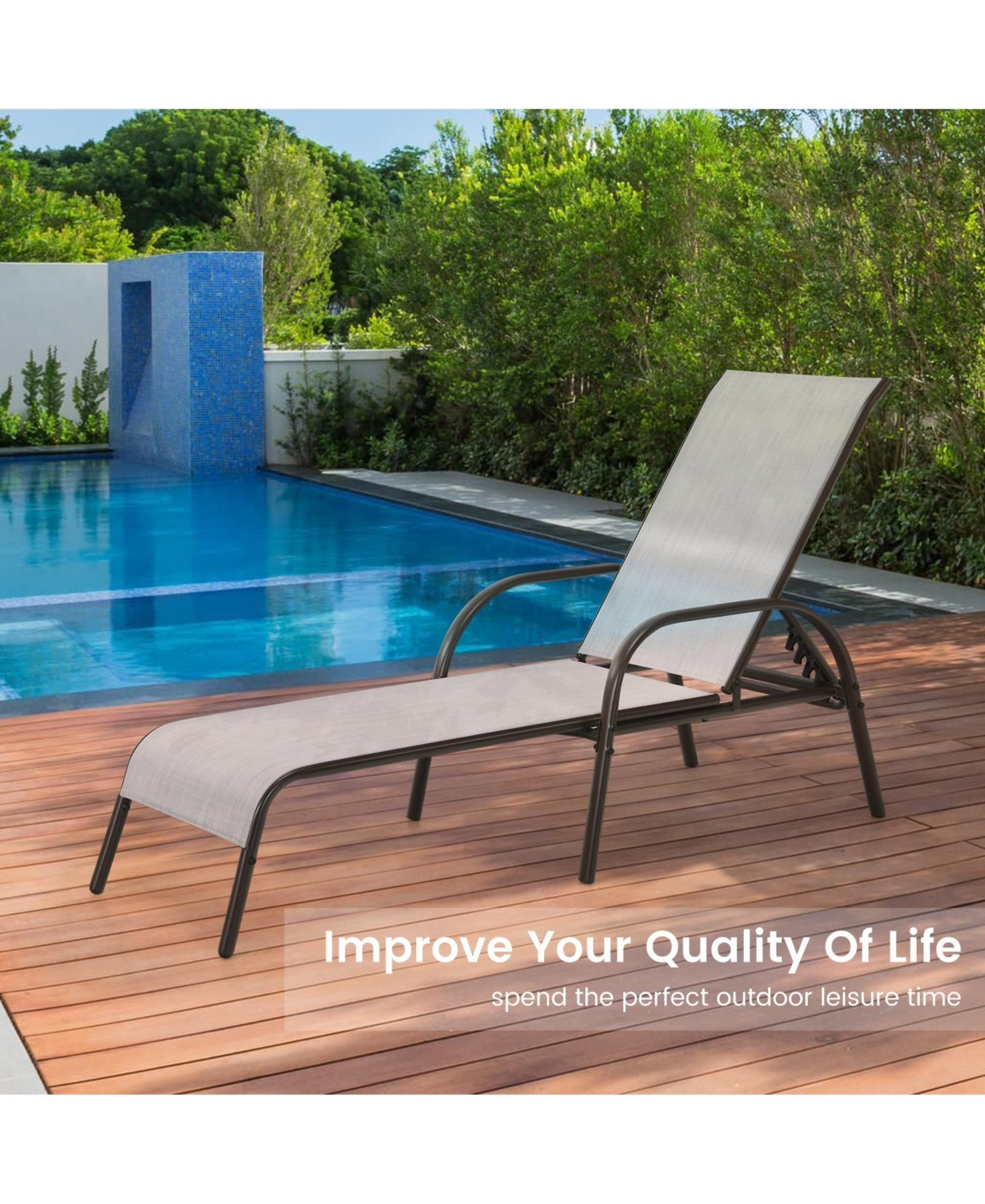 Sugift Adjustable Patio Chaise Folding Lounge Chair with Backrest-Gray