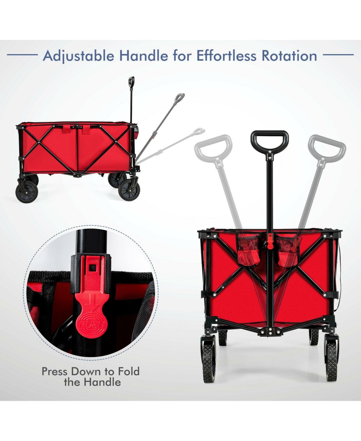 Sugift Outdoor Folding Wagon Cart with Adjustable Handle and Universal Wheels- Red