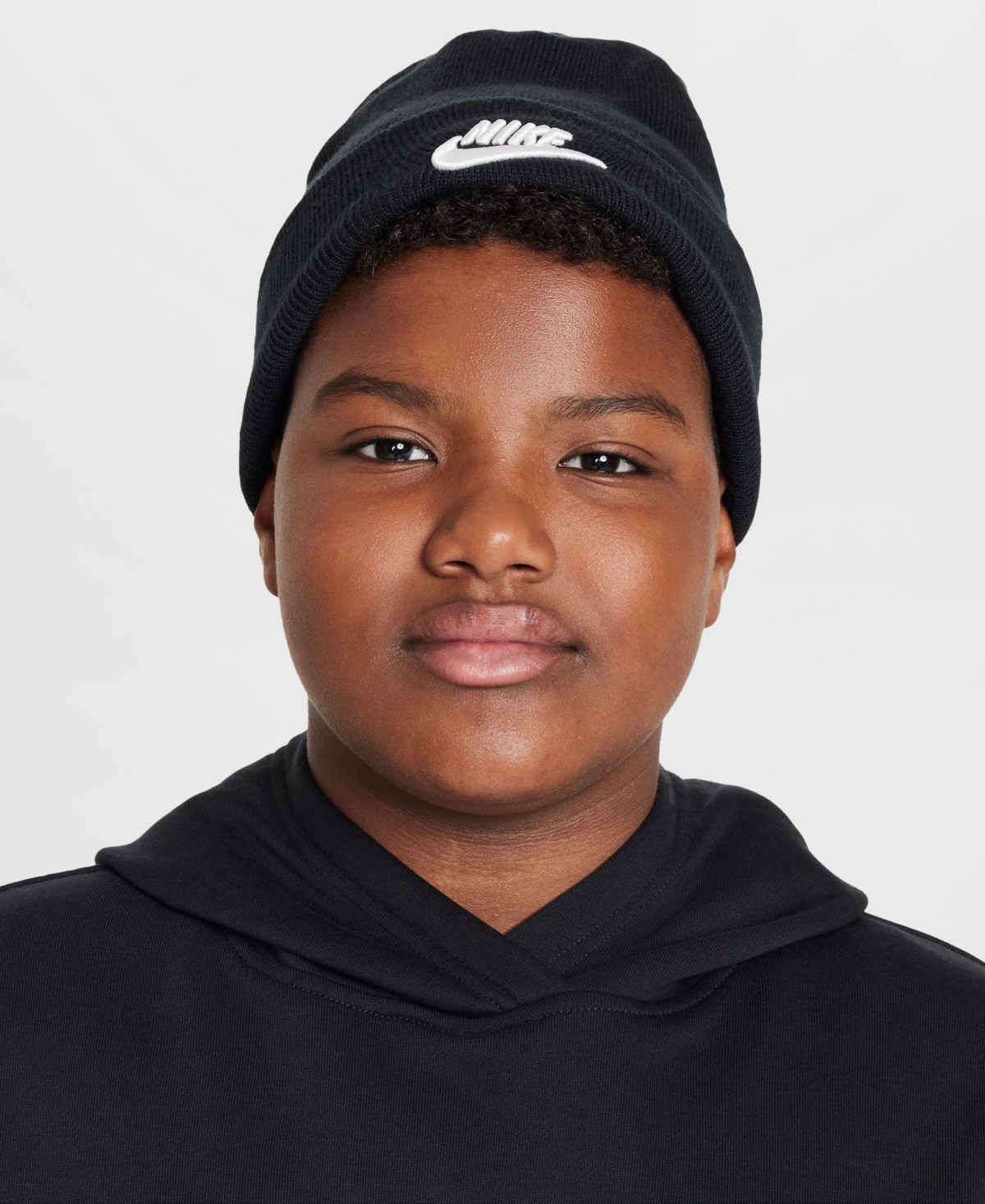 Nike Big Kids Peak Logo Embroidered Ribbed-knit Beanie In Black,(white)