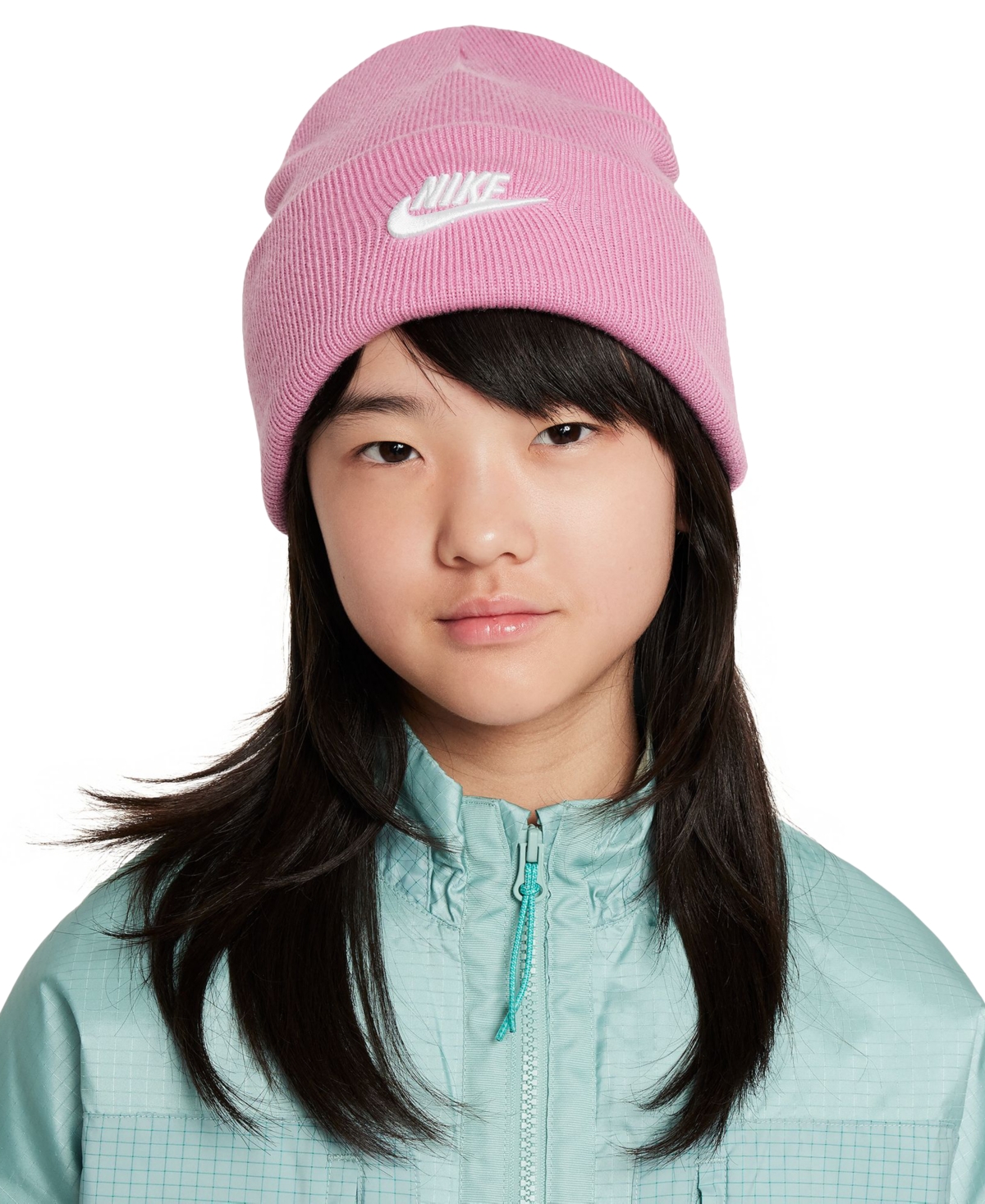 Nike Big Kids Peak Logo Embroidered Ribbed-knit Beanie In Magic Flamingo,(white)